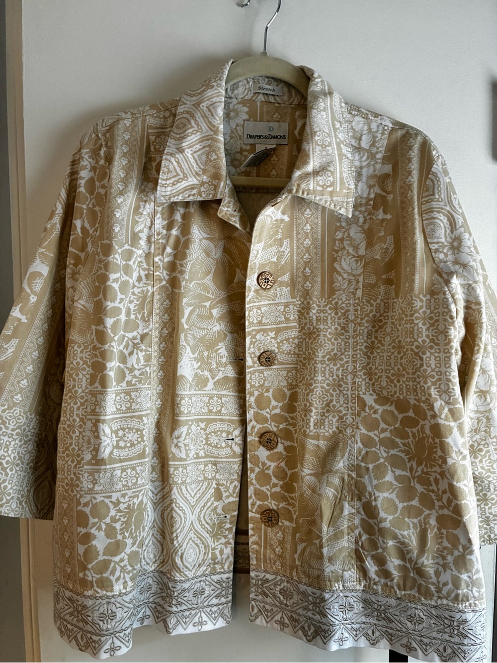 Neutral Beige Floral-Print Jean Jacket by Draper and Damons